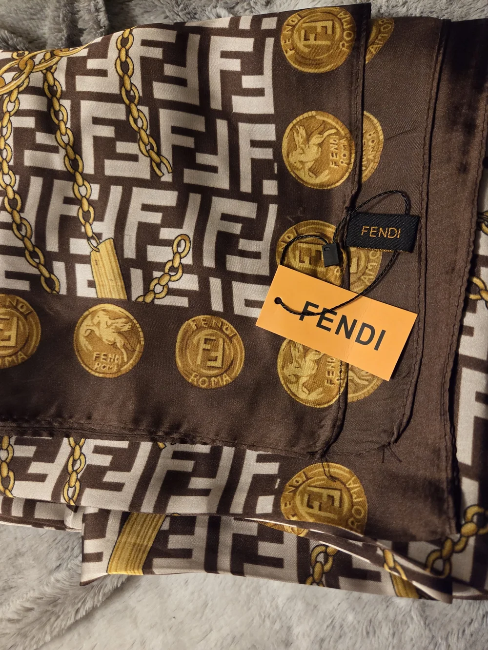 FF Brown & Gold Logo Print Silk Scarf NWT